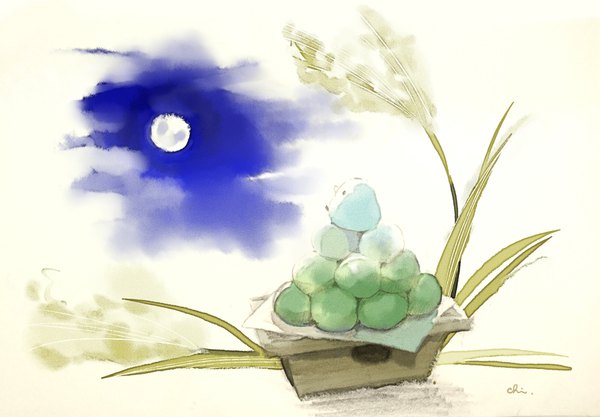 Anime picture 2000x1392 with original chai (artist) single highres simple background sky no people plant (plants) food moon full moon creature