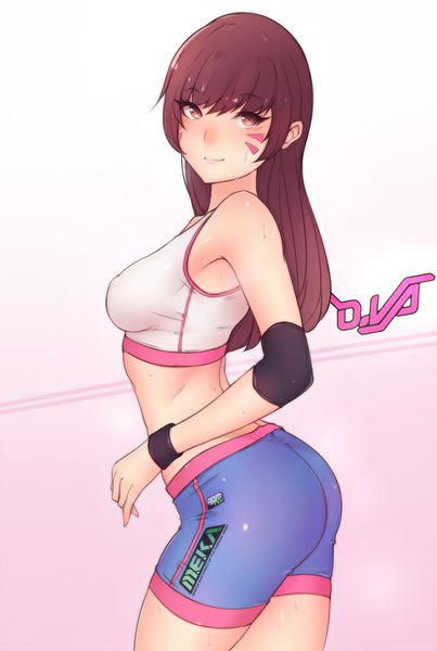 Anime picture 1081x1610 with overwatch blizzard entertainment d.va (overwatch) bluefield single long hair tall image looking at viewer blush breasts light erotic simple background brown hair standing brown eyes ass light smile character names facial mark arched back