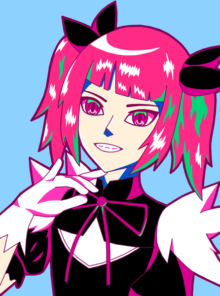 Anime picture 2481x3335 with original fenno7 single tall image fringe highres short hair simple background smile twintails pink hair upper body blunt bangs pink eyes teeth puffy sleeves grin short twintails blue background girl