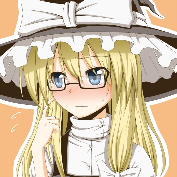 Anime picture 1200x1200 with touhou kirisame marisa flask (pandora) single long hair blush blue eyes simple background blonde hair looking away upper body sweatdrop orange background bespectacled girl bow hat glasses