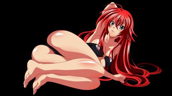Anime picture 3500x1969 with highschool dxd rias gremory single long hair blush highres breasts blue eyes light erotic wide image absurdres ass red hair barefoot legs vector girl swimsuit bikini black bikini