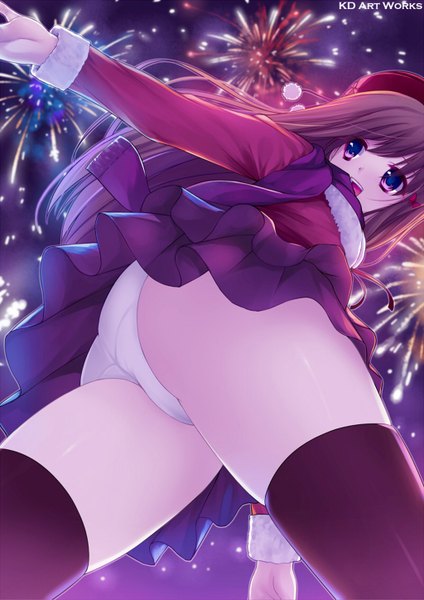 Anime picture 1024x1448 with original caidychen single long hair tall image open mouth light erotic brown hair pink eyes looking back from below fireworks girl thighhighs dress skirt underwear panties black thighhighs headdress