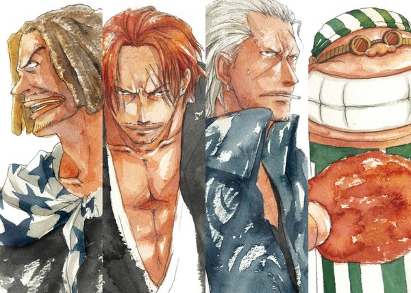 Anime picture 1000x714 with one piece toei animation shanks benn beckman lucky roux yasopp kusaco (artist) looking at viewer short hair simple background smile brown hair white background white hair red hair profile multiple boys scar group multiview