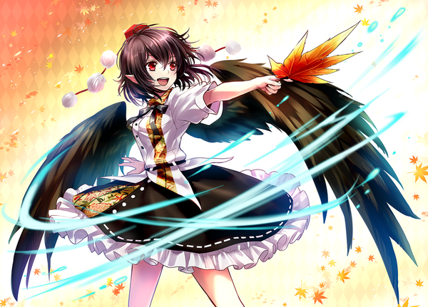 Anime picture 1000x719 with touhou shameimaru aya ria single fringe short hair open mouth black hair hair between eyes red eyes standing looking away pointy ears outstretched arm black wings rhombus girl skirt wings leaf (leaves)