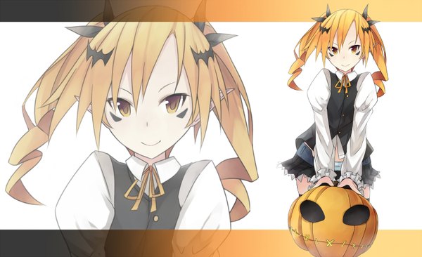 Anime picture 1500x916 with original keid single long hair looking at viewer blonde hair wide image twintails yellow eyes halloween zoom layer girl skirt hair ornament miniskirt shirt jack-o'-lantern