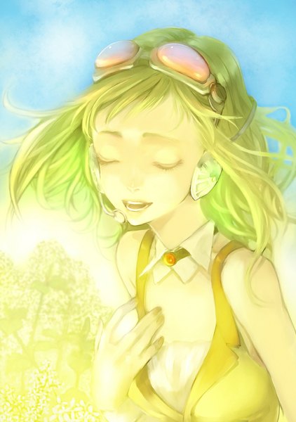 Anime picture 704x1000 with vocaloid gumi niwa torico single tall image short hair open mouth eyes closed green hair teeth hand on chest goggles on head singing girl glasses headphones vest microphone goggles