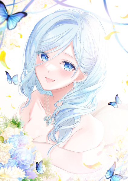 Anime picture 3496x4961 with project sekai hinomori shizuku mairu003 single long hair tall image looking at viewer blush fringe highres breasts open mouth blue eyes simple background smile hair between eyes white background blue hair absurdres cleavage