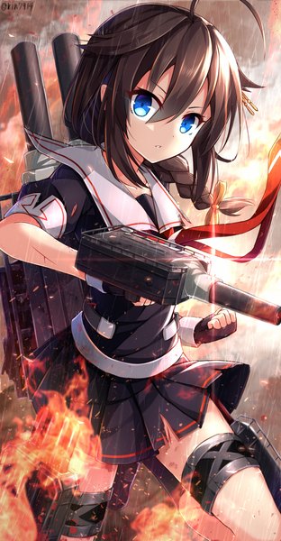 Anime picture 922x1773 with kantai collection shigure destroyer rin yuu single long hair tall image looking at viewer fringe blue eyes brown hair standing cloud (clouds) ahoge braid (braids) parted lips pleated skirt wind torn clothes single braid smoke