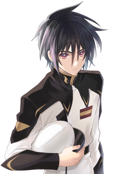Anime picture 1417x2133 with mobile suit gundam gundam seed destiny sunrise (studio) shinn asuka 184 (tatamiiwashi) single tall image fringe short hair black hair simple background hair between eyes white background purple eyes looking away upper body from above hat removed headwear removed boy