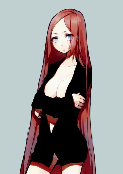 Anime picture 2480x3507 with utau namine ritsu bluerancel single long hair tall image highres breasts blue eyes light erotic simple background red hair crossed arms otoko no ko naked shirt boy