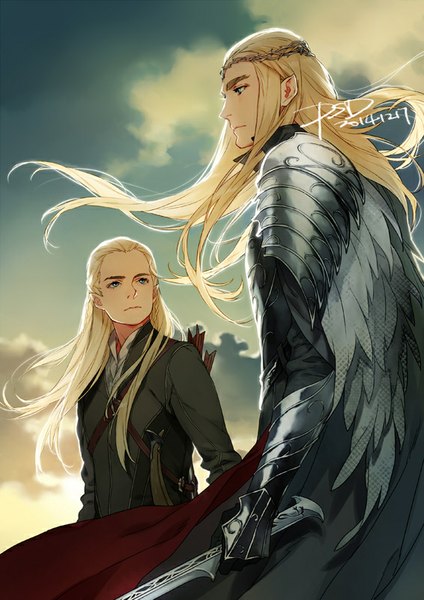 Anime picture 566x800 with lord of the rings legolas thranduil psd (pixiv) long hair tall image blue eyes blonde hair signed sky cloud (clouds) profile wind pointy ears multiple boys dated eyebrows elf boy weapon