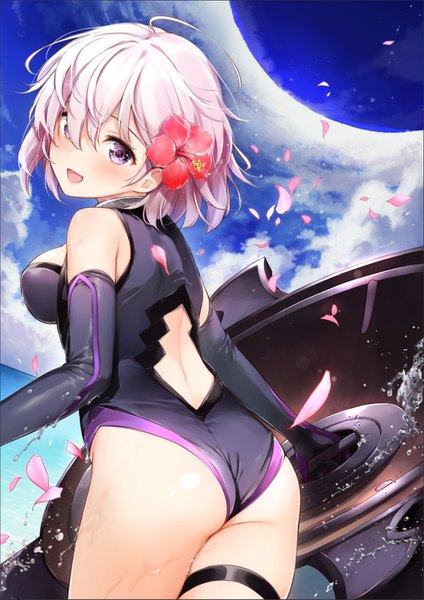 Anime picture 1000x1414 with fate (series) fate/grand order mash kyrielight umakuchi shouyu single tall image looking at viewer blush fringe short hair breasts open mouth light erotic smile standing purple eyes bare shoulders holding pink hair cloud (clouds)