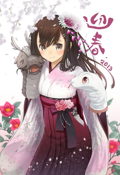 Anime picture 730x1061 with original ochau long hair tall image blush black hair smile brown eyes traditional clothes japanese clothes girl hair ornament flower (flowers) petals kimono
