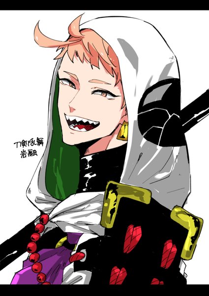 Anime picture 600x848 with touken ranbu nitroplus iwatooshi oo taka single tall image looking at viewer short hair open mouth simple background white background upper body ahoge :d orange hair teeth orange eyes copyright name character names turning head