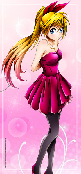 Anime picture 1024x2200 with nisekoi shaft (studio) kirisaki chitoge kurogane-raziel single tall image blue eyes blonde hair smile bare shoulders pink hair ponytail multicolored hair two-tone hair coloring gradient hair hands behind back pink background girl thighhighs