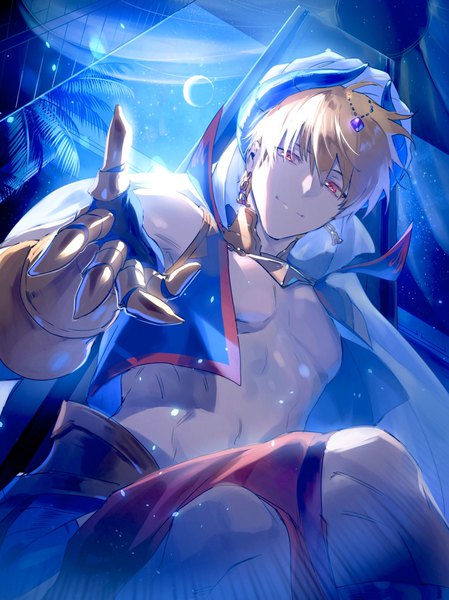 Anime picture 1534x2048 with fate (series) fate/grand order gilgamesh (fate) gilgamesh (caster) (fate) bikkusama single tall image looking at viewer fringe short hair blonde hair hair between eyes red eyes sitting light smile night from below crossed legs outstretched hand crescent