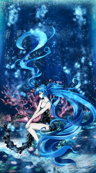 Anime picture 1000x1793 with vocaloid shinkai shoujo (vocaloid) hatsune miku purlchite single tall image sitting twintails bare shoulders very long hair profile aqua eyes aqua hair blue background underwater weightlessness girl dress hair ornament black dress