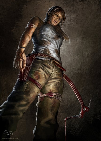 Anime picture 1024x1430 with tomb raider lara croft single long hair tall image looking at viewer blush brown hair bare shoulders brown eyes signed ponytail light smile lips realistic torn clothes looking down dark background girl weapon