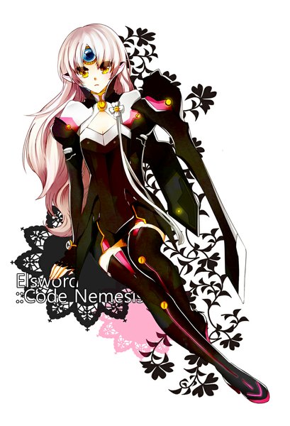 Anime picture 800x1174 with elsword eve (elsword) mille-feuille single long hair tall image sitting yellow eyes pink hair inscription cleavage cutout mechanical parts girl dress gloves ribbon (ribbons) bracelet fingerless gloves thigh boots short dress