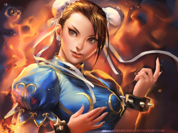 Anime picture 2000x1500 with street fighter chun-li sakimichan single highres short hair brown hair brown eyes signed lips realistic hair bun (hair buns) brown background girl ribbon (ribbons) earrings bracelet fire bun cover spiked bracelet