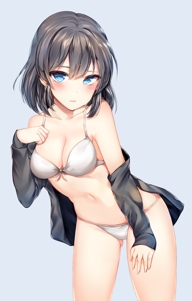 Anime picture 1600x2500 with original zerocat single tall image looking at viewer blush fringe short hair breasts blue eyes light erotic black hair simple background hair between eyes standing bare shoulders cleavage open jacket gradient background ass visible through thighs