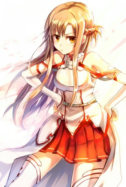 Anime picture 677x1000 with sword art online a-1 pictures yuuki asuna sakura ani single long hair tall image looking at viewer brown hair bare shoulders brown eyes hands on hips girl thighhighs skirt detached sleeves white thighhighs