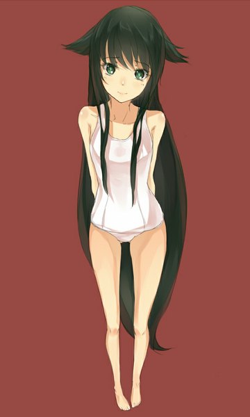 Anime picture 594x990 with saya no uta nitroplus saya (saya no uta) phantania single tall image looking at viewer blush light erotic simple background smile standing green eyes very long hair green hair from above bare legs no shoes hands behind back red background