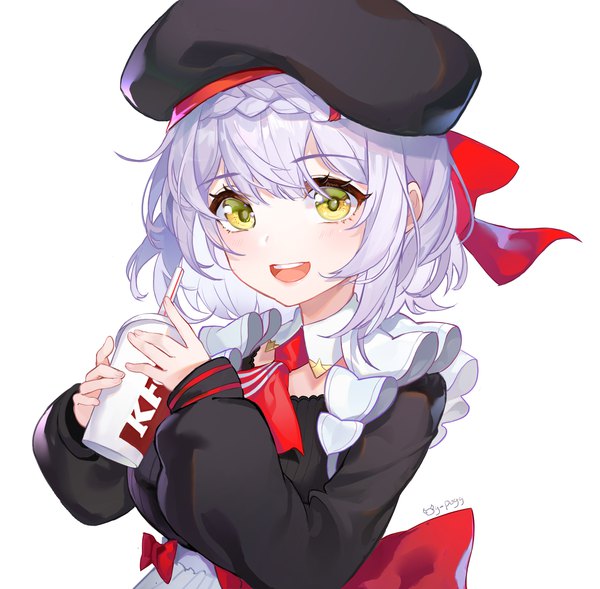 Anime picture 2101x2062 with genshin impact kfc (company) kfc noelle (genshin impact) noelle (kfc) (genshin impact) og-pogg single fringe highres short hair open mouth simple background hair between eyes white background green eyes silver hair upper body :d official alternate costume girl