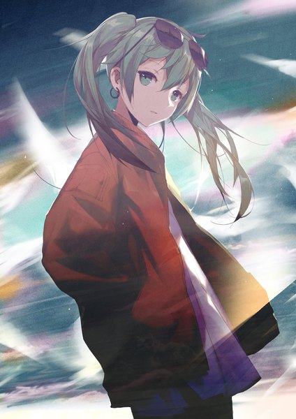 Anime picture 1500x2122 with vocaloid suna no wakusei (vocaloid) hatsune miku kieed single long hair tall image looking at viewer fringe hair between eyes standing twintails green eyes upper body green hair wind open jacket sunglasses on head hands in pockets girl