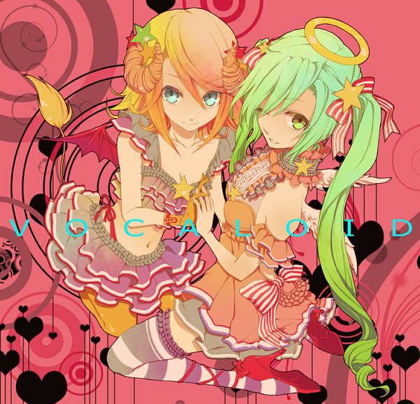 Anime picture 1154x1109 with vocaloid hatsune miku kagamine rin macco (artist) long hair looking at viewer short hair open mouth blonde hair smile sitting twintails bare shoulders multiple girls green eyes tail one eye closed multicolored hair horn (horns) aqua eyes