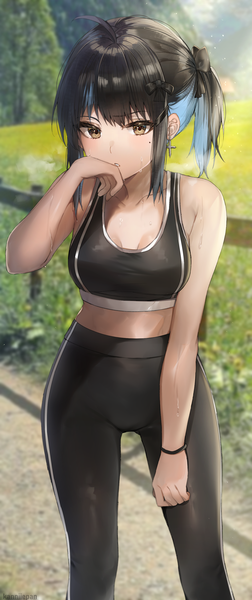 Anime picture 1323x3146 with original irene (kanniiepan) kanniiepan single tall image looking at viewer fringe short hair breasts black hair standing bare shoulders signed yellow eyes payot ahoge outdoors ponytail parted lips multicolored hair