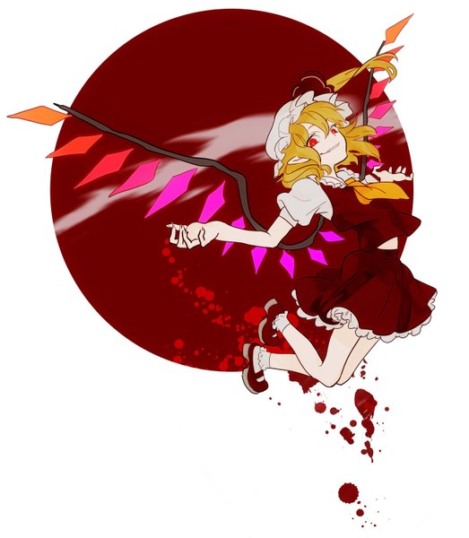 Anime picture 1300x1492 with touhou bad apple!! flandre scarlet kazune (baumkuchen) single tall image looking at viewer short hair blonde hair smile red eyes white background pointy ears one side up spread arms flying girl skirt wings blood
