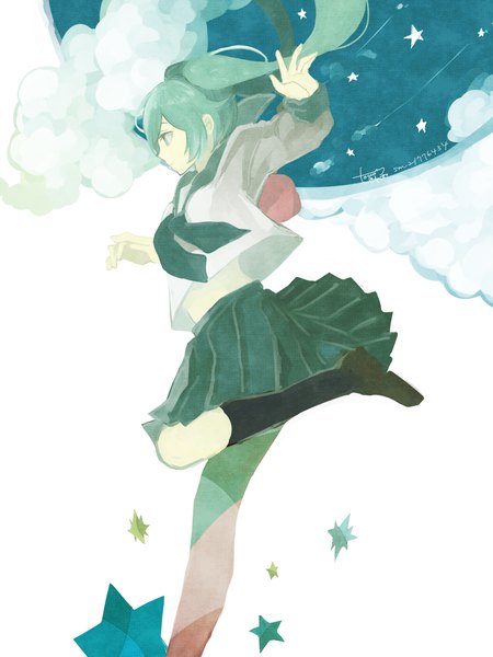 Anime picture 1050x1400 with vocaloid hatsune miku tocco single long hair tall image standing white background twintails cloud (clouds) aqua eyes aqua hair girl skirt uniform school uniform socks shoes star (symbol) black socks