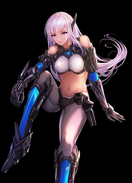Anime picture 864x1200 with original a-line single long hair tall image light erotic simple background smile pink hair bent knee (knees) pink eyes lips midriff black background mecha musume girl navel armor