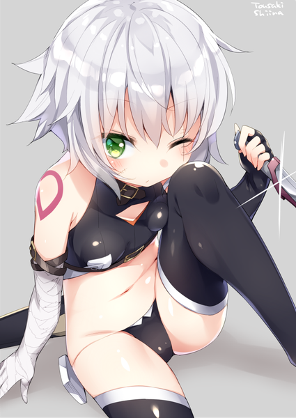 Anime picture 716x1012 with fate (series) fate/apocrypha jack the ripper (fate/apocrypha) tousaki shiina single tall image looking at viewer blush fringe short hair breasts light erotic simple background hair between eyes sitting bare shoulders holding green eyes signed silver hair