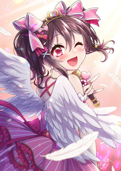 Anime picture 1447x2039 with love live! school idol project sunrise (studio) love live! yazawa nico mono land single tall image looking at viewer blush fringe short hair open mouth black hair smile hair between eyes red eyes twintails bare shoulders holding one eye closed