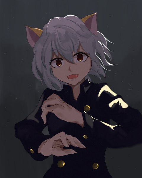 Anime picture 2000x2500 with hunter x hunter neferupito bmyoshikun123 single tall image looking at viewer fringe highres short hair open mouth simple background hair between eyes brown eyes animal ears silver hair upper body :d fingernails cat ears grey background