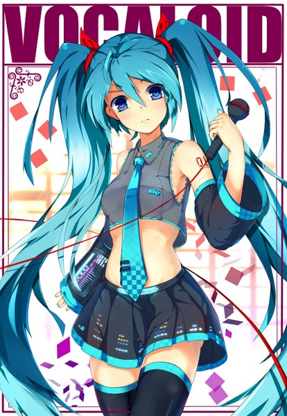 Anime picture 1000x1449 with vocaloid hatsune miku single long hair tall image blue eyes twintails bare shoulders aqua hair girl thighhighs skirt ribbon (ribbons) detached sleeves necktie thigh boots microphone wire (wires)