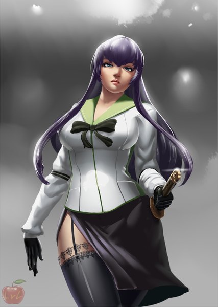 Anime picture 1000x1405 with highschool of the dead madhouse busujima saeko lvl (sentrythe2310) single long hair tall image looking at viewer fringe breasts blue eyes light erotic simple background hair between eyes large breasts signed purple hair lips grey background from below