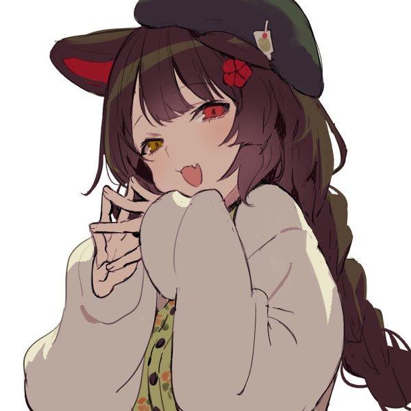 Anime picture 800x800 with virtual youtuber nijisanji inui toko kawaguchi (mojacome) single long hair looking at viewer open mouth black hair simple background white background animal ears upper body :d fang (fangs) heterochromia dog ears fingers together girl beret