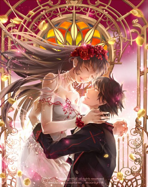 Anime picture 650x819 with original moonlight (moonlighttu) long hair tall image short hair open mouth smile brown hair standing bare shoulders eyes closed hair flower hug face to face girl dress boy hair ornament flower (flowers) petals