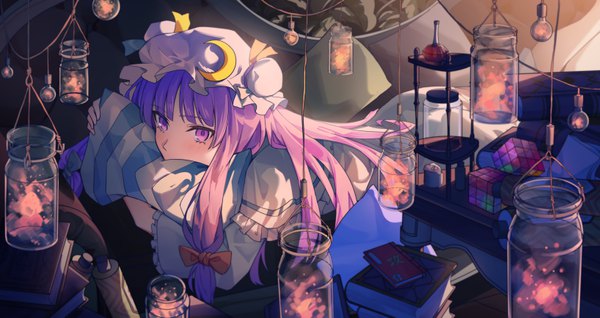Anime picture 6544x3472 with touhou touhou lost word patchouli knowledge yangsan (2991076090) single long hair highres wide image purple eyes absurdres purple hair indoors lying on stomach tress ribbon pillow hug girl bow hair bow hat