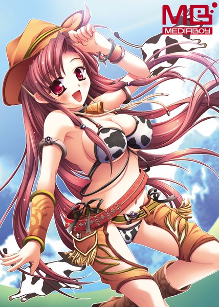 Anime picture 1181x1654 with long hair tall image light erotic red eyes pink hair bell collar cowboy girl hat bell bikini top cowboy hat cow