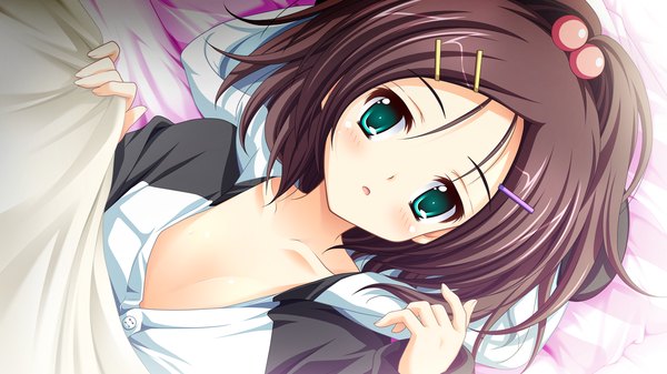 Anime picture 1280x720 with ren'ai kateikyoushi rurumi coordinate! (game) kurokawa shizuku suzui narumi short hair black hair wide image green eyes game cg girl