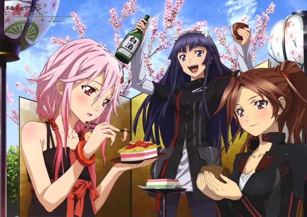 Anime picture 7075x5017 with guilty crown production i.g megami magazine yuzuriha inori tsugumi shinomiya ayase shinkawa ryu long hair blush highres open mouth smile red eyes brown hair purple eyes multiple girls brown eyes animal ears pink hair absurdres