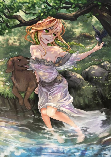 Anime picture 992x1404 with original ks long hair tall image blush open mouth light erotic blonde hair smile bare shoulders green eyes river girl dress plant (plants) animal tree (trees) water tongue bird (birds)