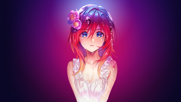 Anime picture 3840x2160 with original midori foo assassinwarrior single long hair looking at viewer fringe highres blue eyes simple background hair between eyes wide image bare shoulders signed absurdres cleavage upper body red hair multicolored hair hair flower