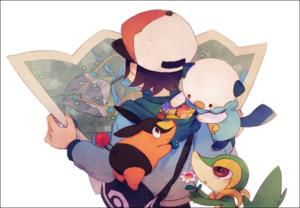 Anime picture 816x567 with pokemon pokemon black and white nintendo hilbert (pokemon) snivy oshawott tepig 21grams single short hair black hair simple background white background from above from behind gen 5 pokemon boy flower (flowers) animal hood