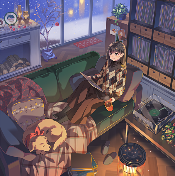Anime picture 879x883 with original bf. (sogogiching) single long hair tall image black hair smile sitting brown eyes looking away indoors from above snowing christmas winter snow bare tree rhombus girl plant (plants)