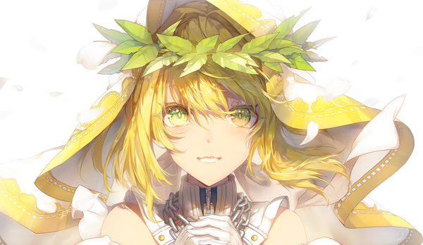 Anime picture 2299x1337 with fate (series) fate/extra fate/extra ccc nero claudius (fate) (all) nero claudius (bride) (fate) saihate (d3) single looking at viewer fringe highres short hair blonde hair simple background smile hair between eyes wide image white background green eyes parted lips wind